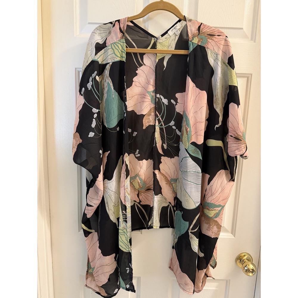 UMGEE Women's S/M Black Floral V-Neck 3/4 Kimono Sleeve Lightweight Kimono